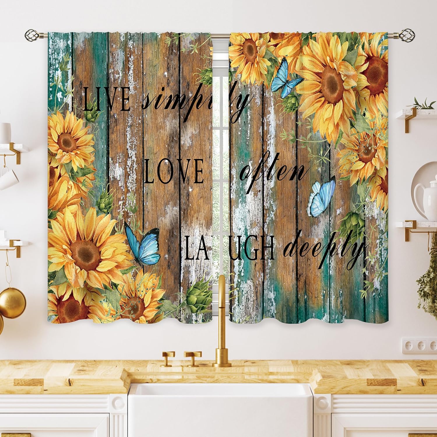 Home Office Quotes - Rustieke zonnebloemhouten gordijnen met vlinderprint voor